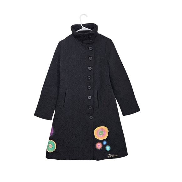 Desigual Trench Coat Black Sz 42 Large Painted Circles Jacquard Button Front - Picture 1 of 14
